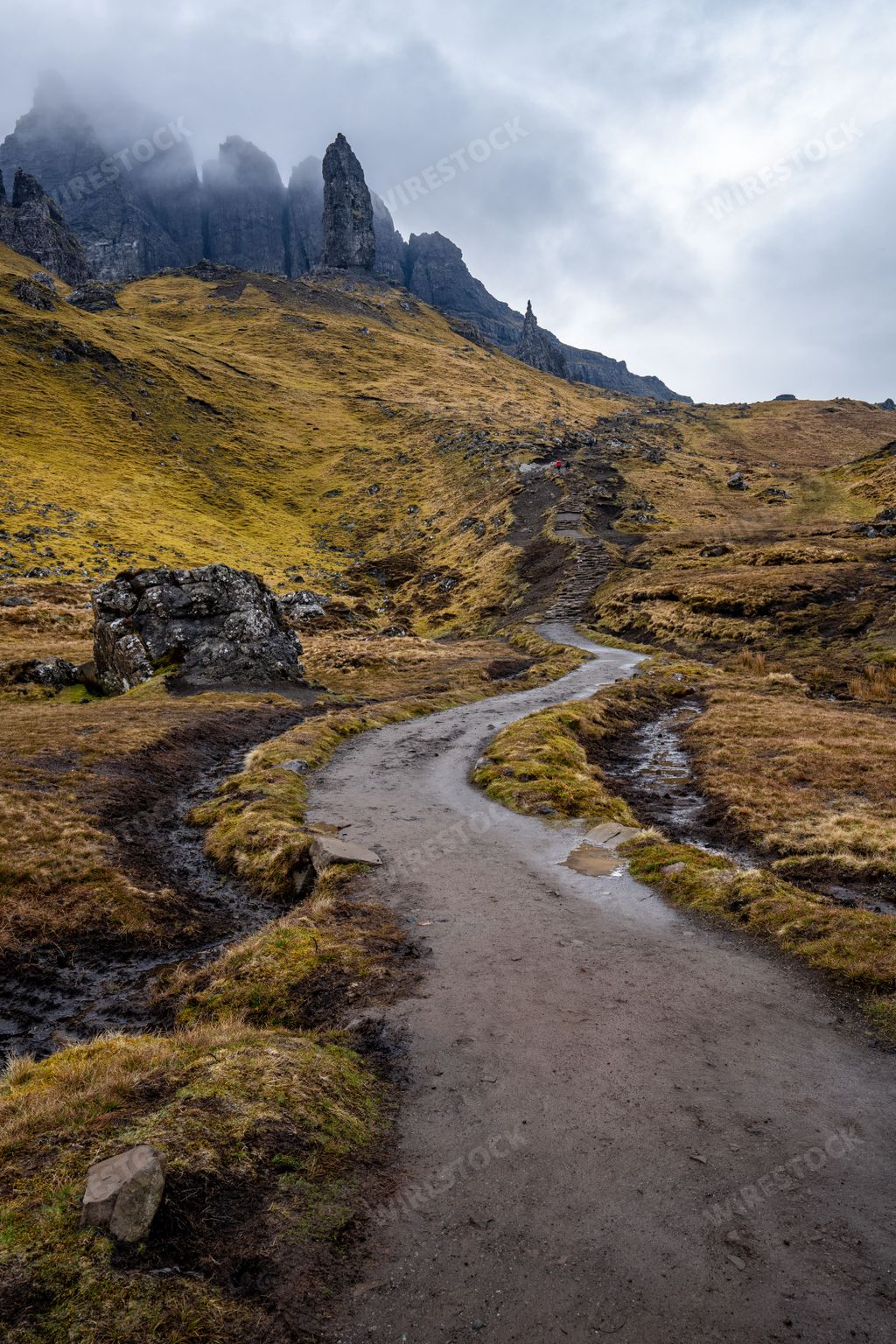 A vertical shot of a way to the Old Man of Storr rock formation on the Isle of Skye