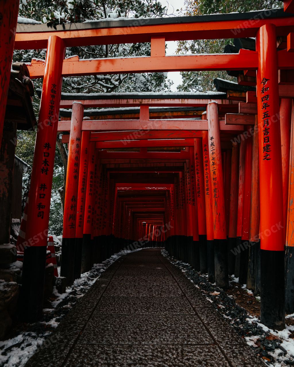A Rare Winter snow at Torii Gate Tunnel at Fushimi Inari Shrine in Kyoto Japan. Orange and black beams with traditional Japanese Lanterns