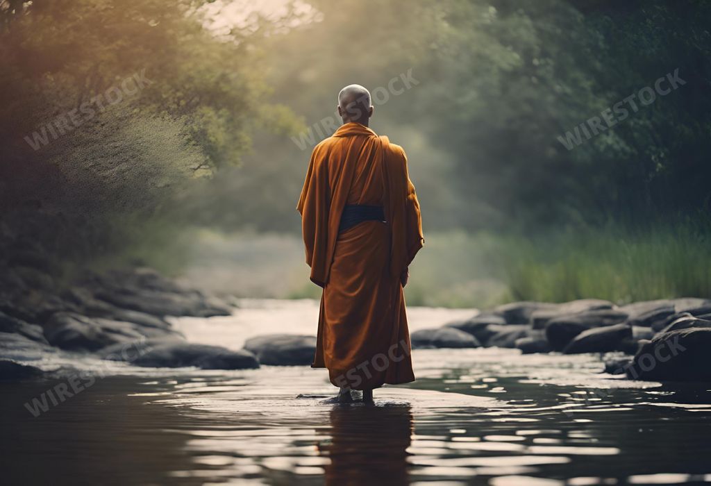 An AI generated illustration of a monk strolling in a river with sunlight filtering through trees