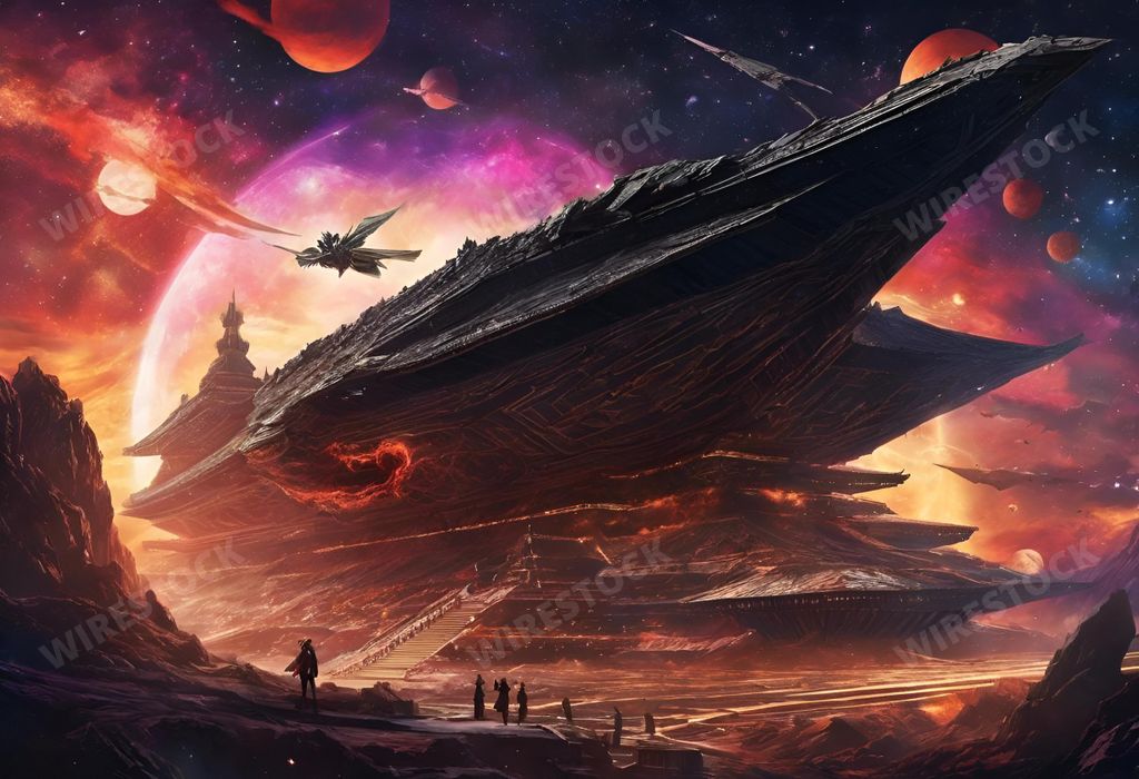 An AI generated illustration of an Epic Space scene with city, temple, and shi