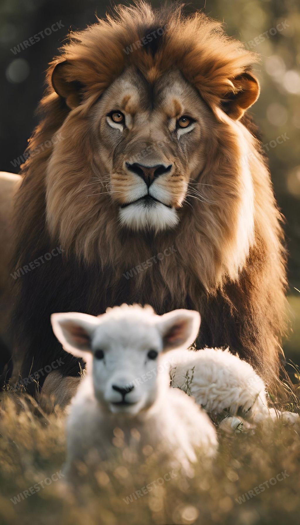 An AI generated illustration of An idyllic nature scene featuring a lion and a lamb peacefully sitting together in a lush meadow, surrounded by tall trees in the background