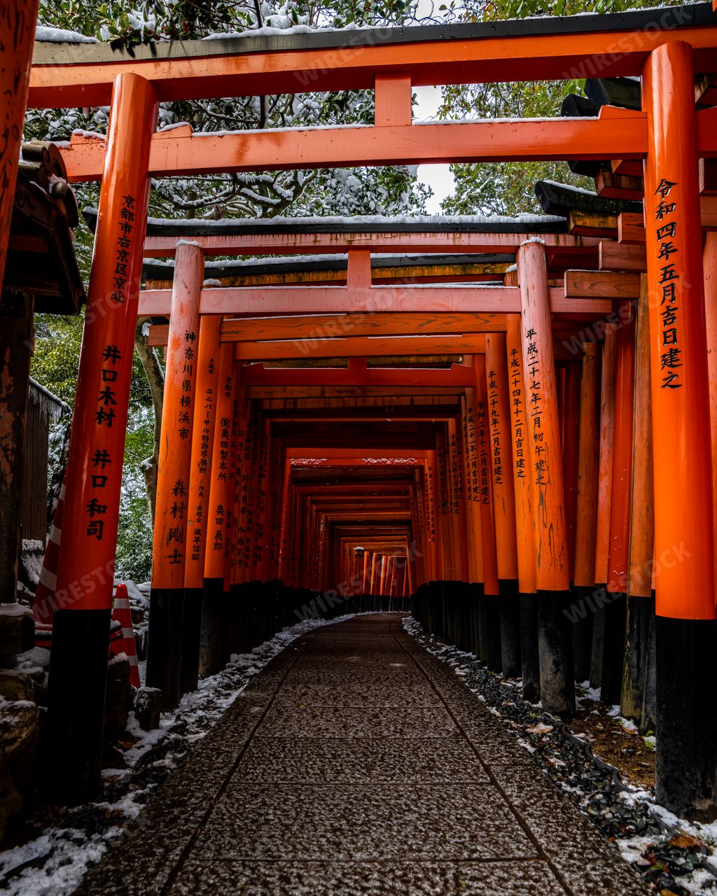 A Rare Winter snow at Torii Gate Tunnel at Fushimi Inari Shrine in Kyoto Japan. Orange and black beams with traditional Japanese Lanterns