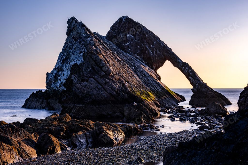 A beautiful view of the Bow Fiddle Rock on the northeast coast of Scotland
