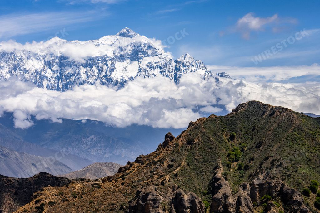 The beautiful Annapurna and Nilgiri mountain ranges in the Himalayas in Nepal