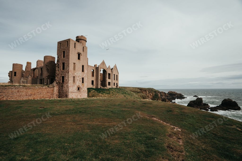 The Ancienct Ruins of Castle Slains in Aberdeenshire  with a view of the Beautiful Eastern Scottish Coast in Scotland UK