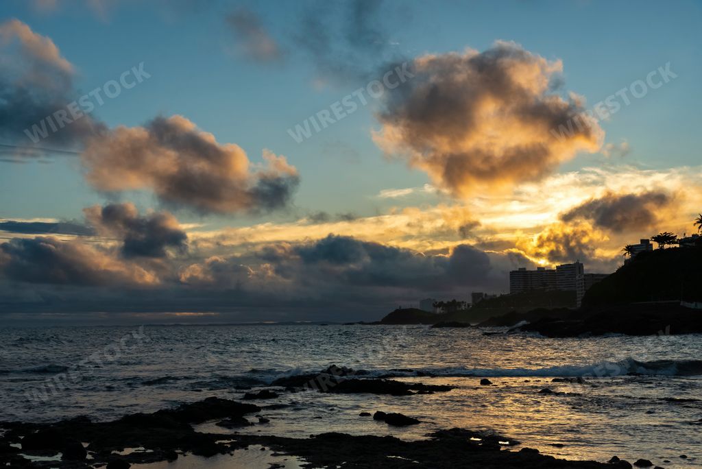 A beautiful Sunset over the Forte de Santa Maria pier at Porto da Barra in Salvador, Bahia, Brazil