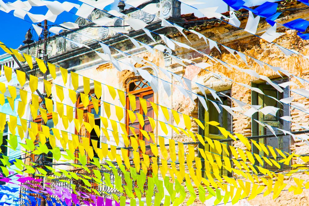 A city decoration with colorful flags in Cachoeira, Bahia, Brazil