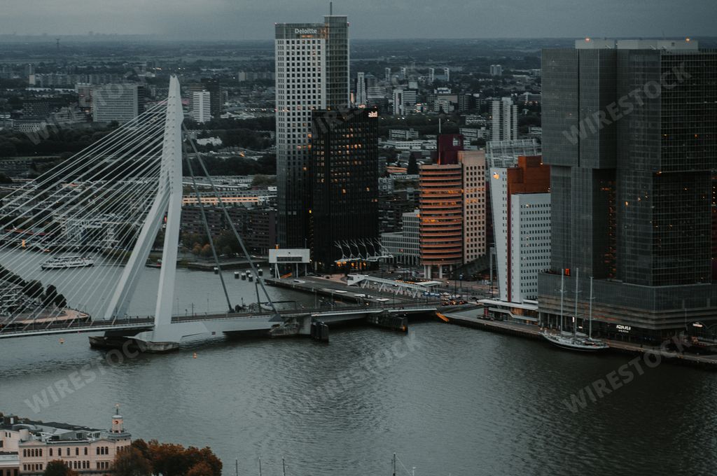 A bird's eye view of a suspension bridge and skyscrapers in Rotterdam, the Netherlands
