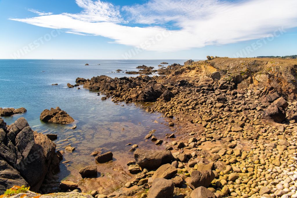 Yeu island in France, beautiful landscape, the coast with a pebble beach