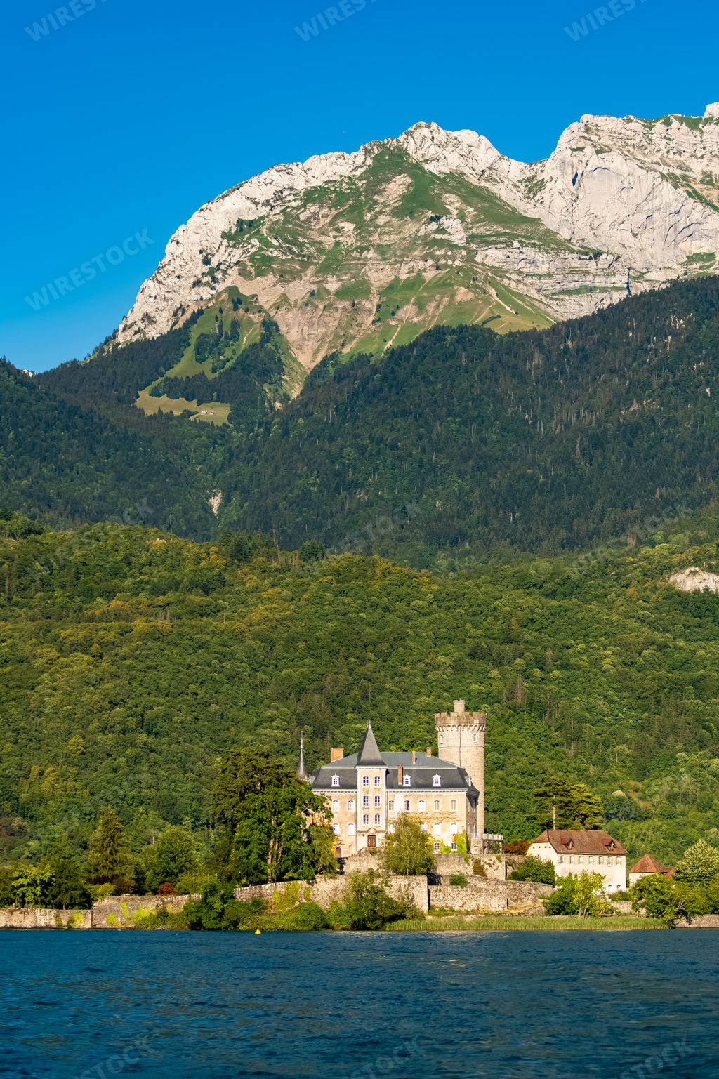 Annecy in France, the Duingt castle on the lake, and the Saint-Jorioz village