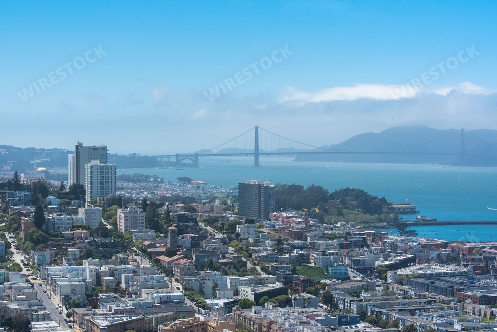 San Francisco, the Embarcadero with the Marina District, Russian Hill, and the Golden Gate Bridge in background, panorama