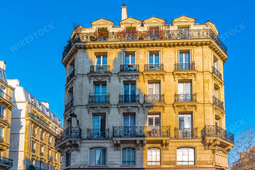 Paris, beautiful building, typical parisian facade in the Marais, boulevard de Sebastopol