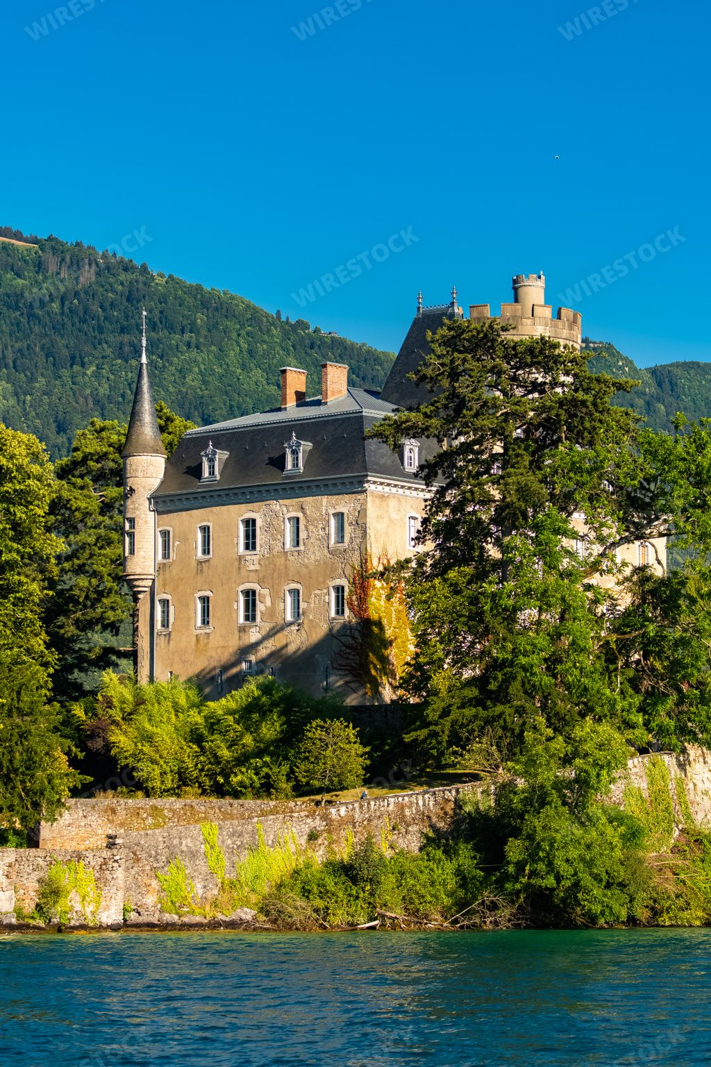Annecy in France, the Duingt castle on the lake, and the Saint-Jorioz village