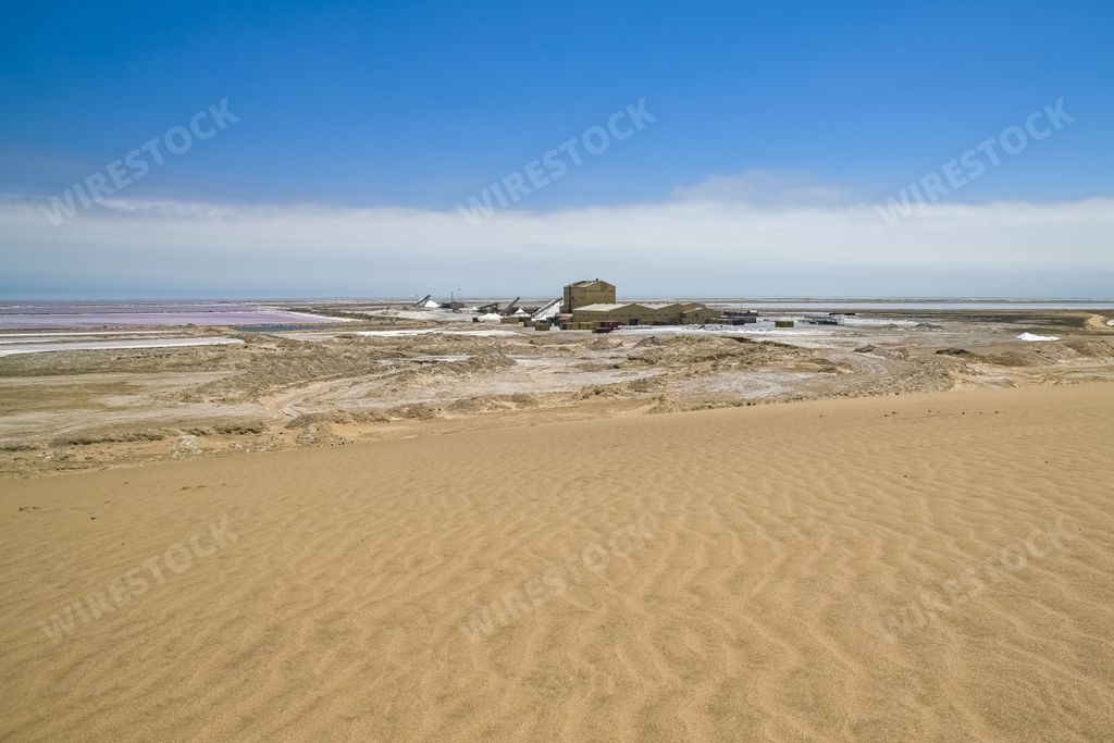 Namibia, panorama of the the salt marshes near Walvis Bay, pink lake