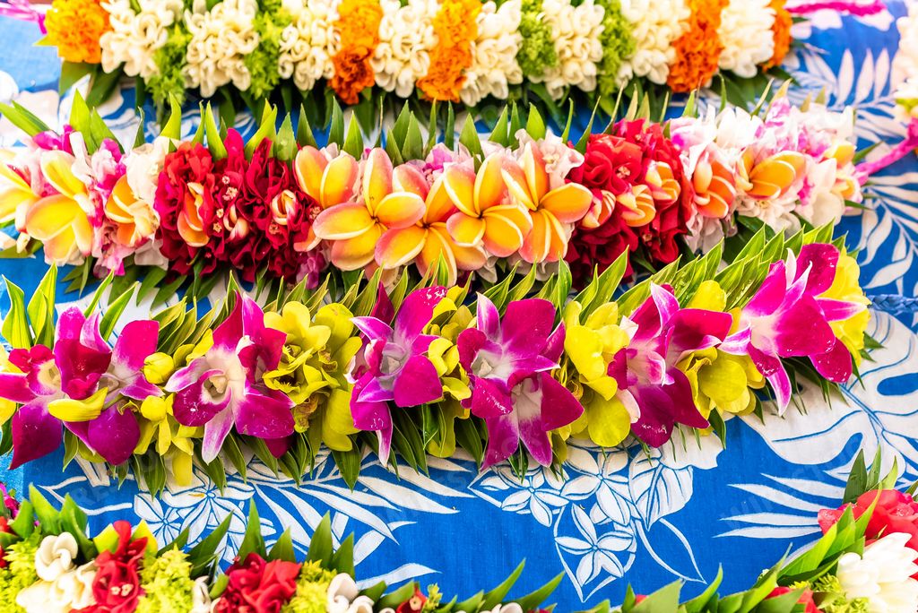 Garlands of flowers in French Polynesia, traditional flowers crowns