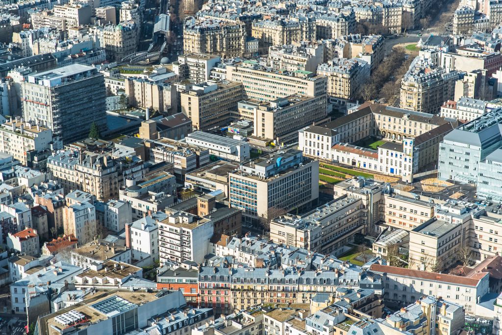 An aerial view of the tall city buildings in Paris