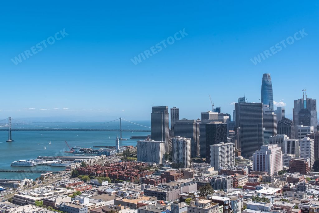 San Francisco, panorama of Financial District downtown and the Oakland Bay Bridge in background