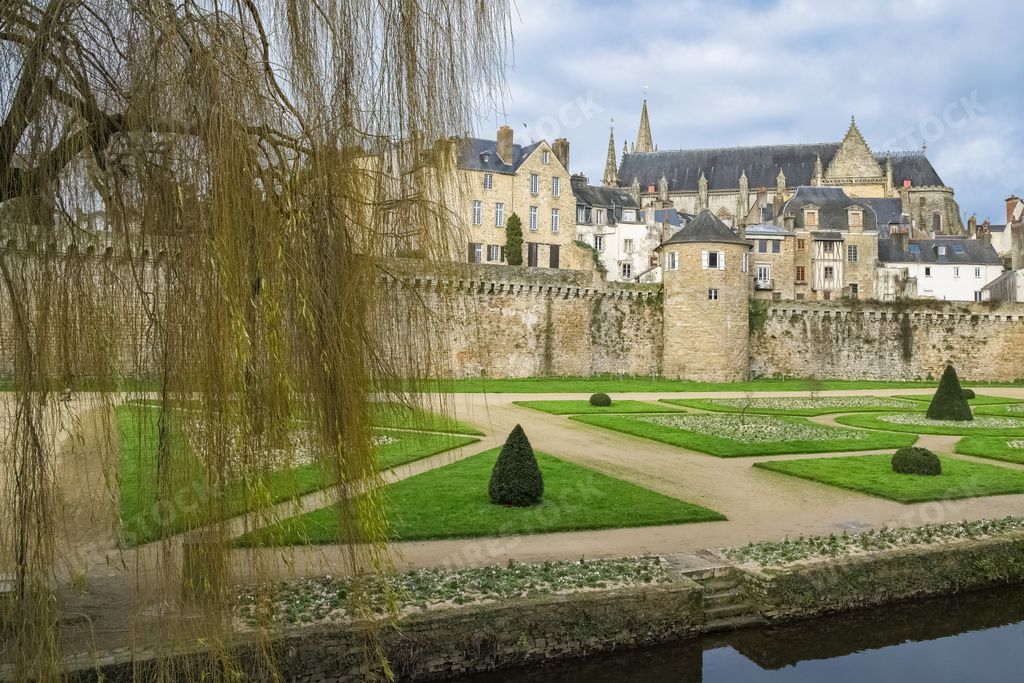 Vannes, medieval city in Brittany, view of the ramparts garden with flowerbed