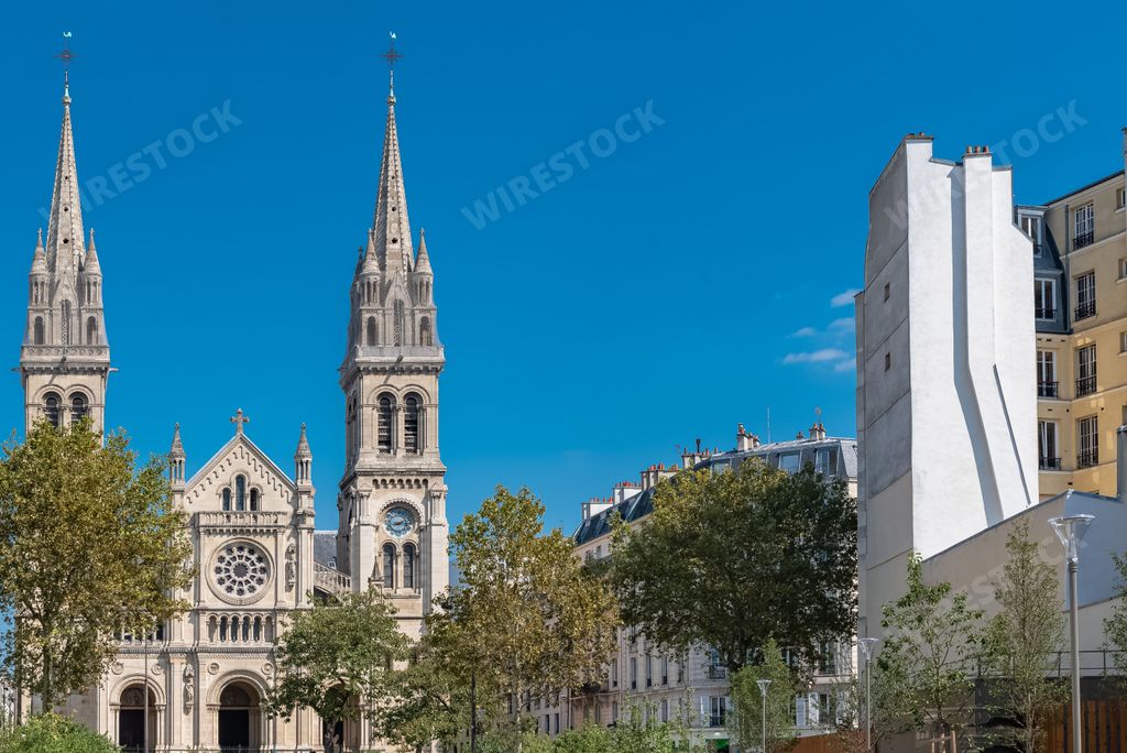 Paris, Saint-Ambroise church, boulevard Voltaire, the Truillot garden, public park, and modern buildings