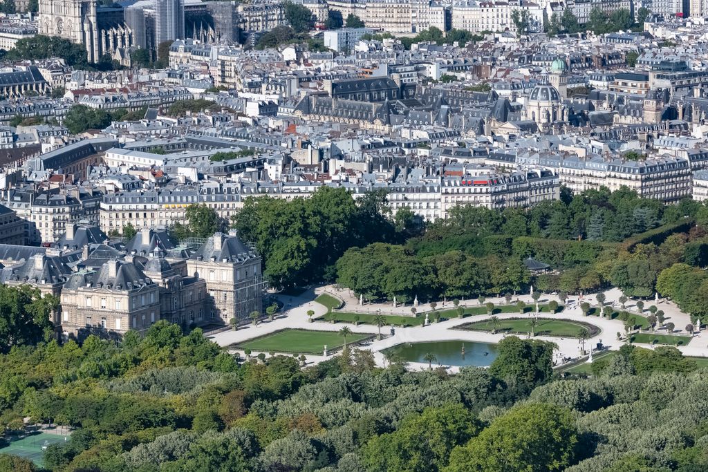 Paris, the Senat and the Luxembourg garden, in the 6e arrondissement, a chic district in the center, aerial view