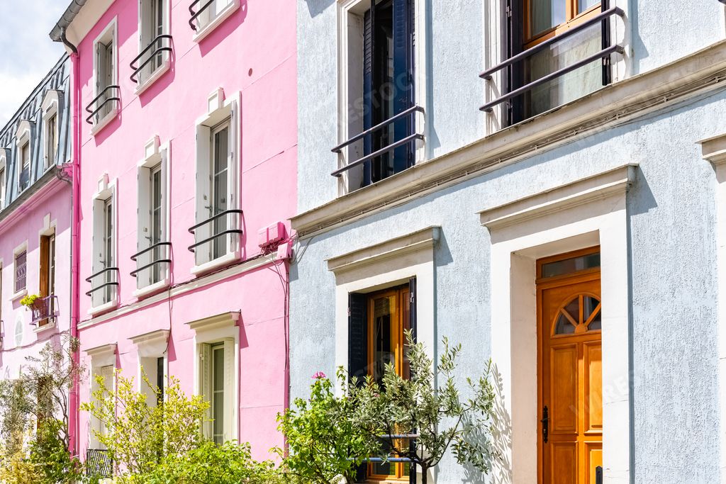 Paris, colorful houses rue Cremieux, typical street