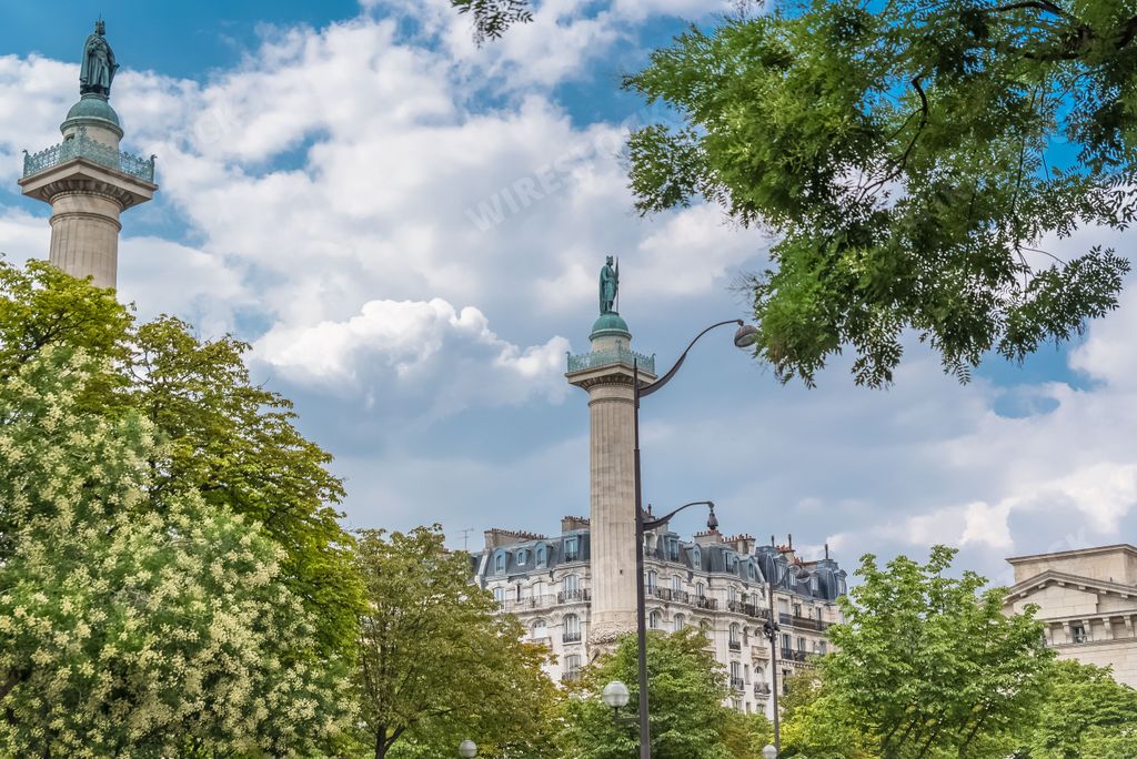 Paris, place de la Nation in the 11e arrondissement, in summer, with the two columns