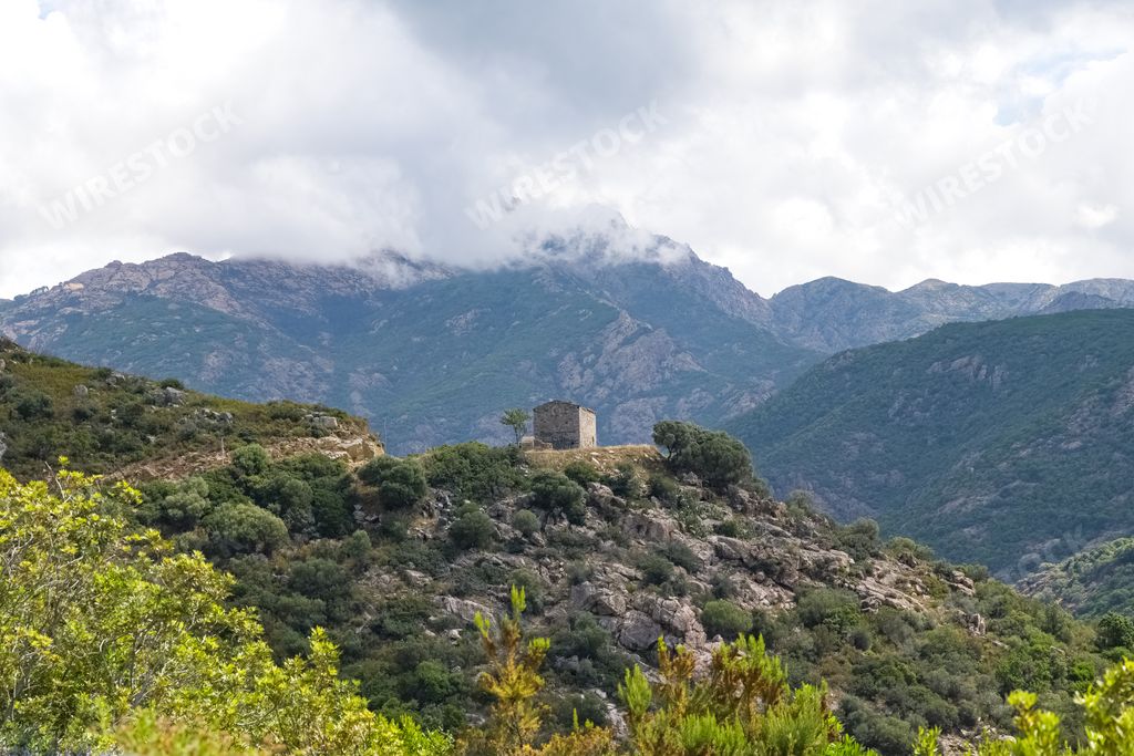 Corsica, an ancient barn in the mountain, in spring, wild landscape