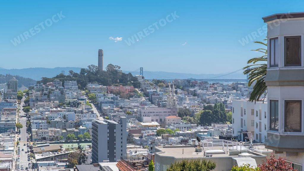 San Francisco, typical colorful houses in Telegraph Hill, sloping street