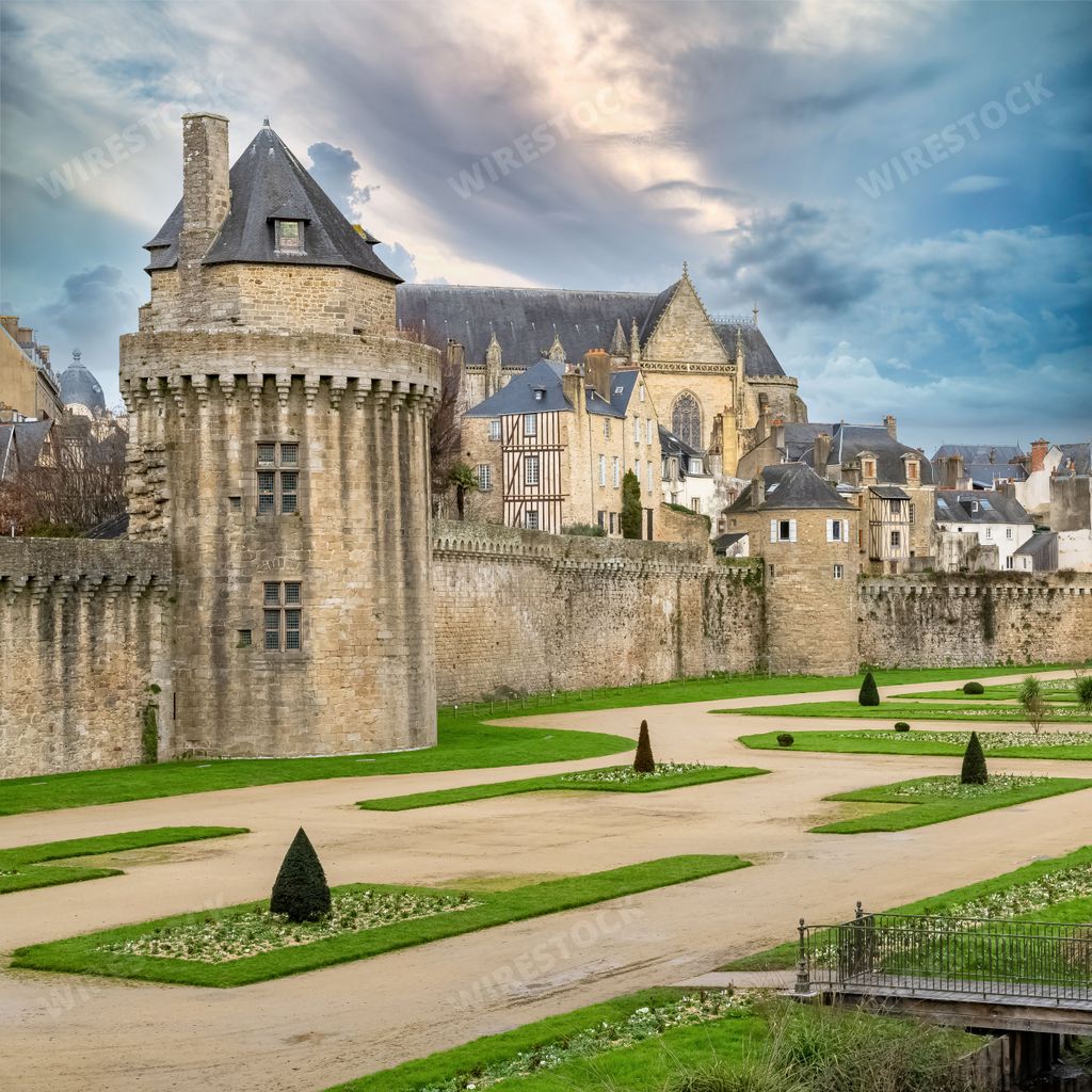 Vannes, medieval city in Brittany, view of the ramparts garden with flowerbed