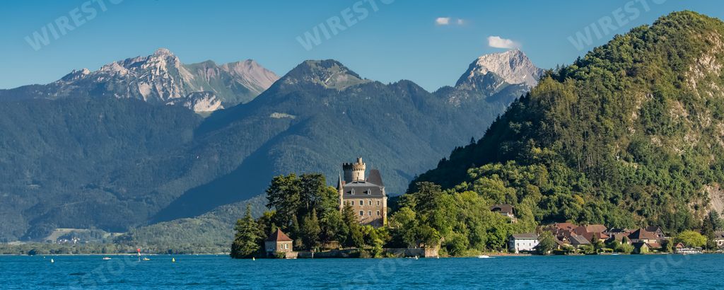 Annecy in France, the Duingt castle on the lake, and the Saint-Jorioz village
