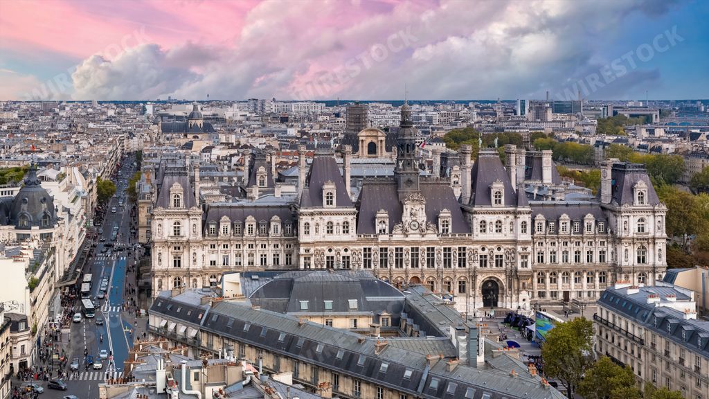 Paris, aerial view of the facade of the Hotel de Ville, city hall of the french capital