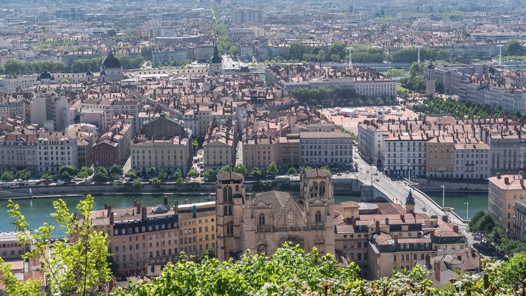 Lyon, aerial view, colorful houses, bridges and towers in the old center
