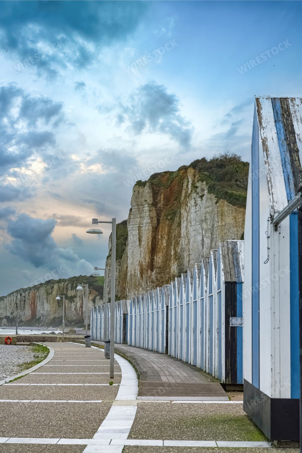 Yport, wooden beach cabins in Normandy, on the pebble beach