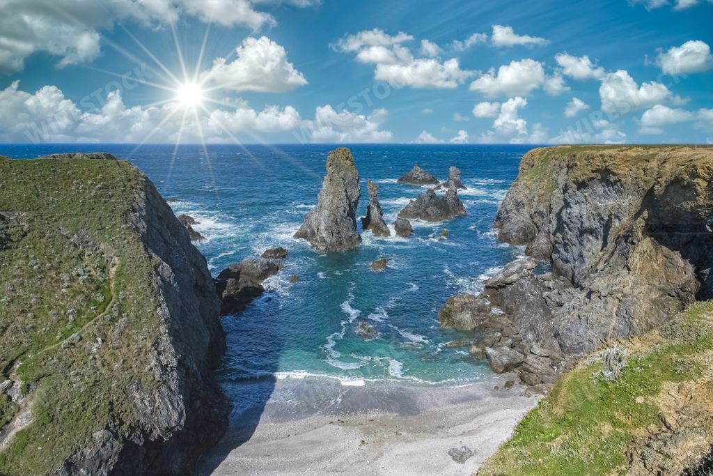 Belle-Ile in Brittany, seascape with rocks and cliffs on the Cote Sauvage, the needles of Port-Coton
