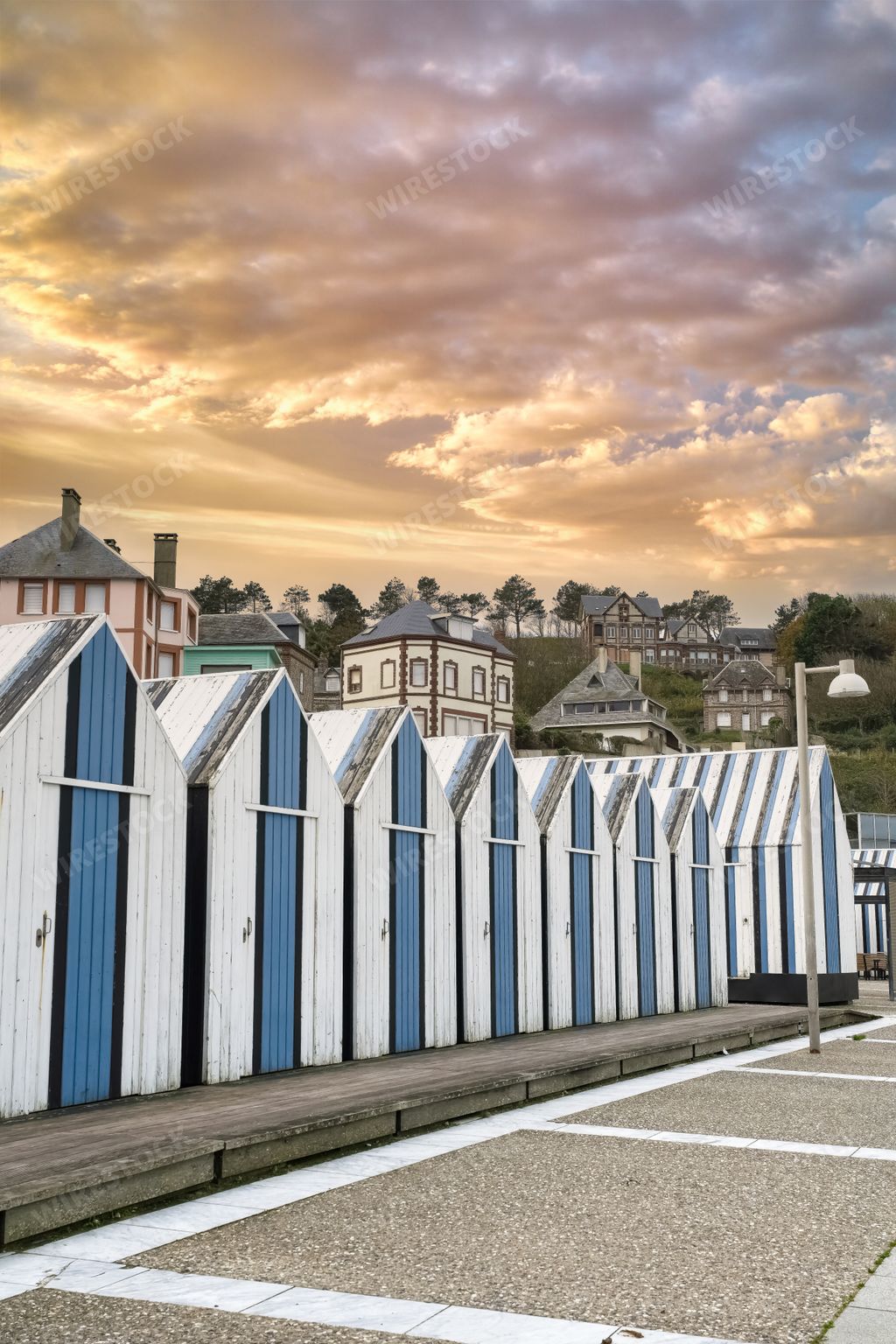 Yport, wooden beach cabins in Normandy, on the pebble beach