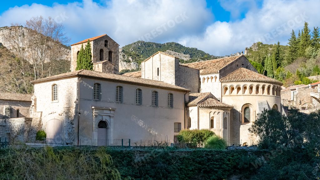 Saint-Guilhem-le-Desert in France, view of the medieval abbey