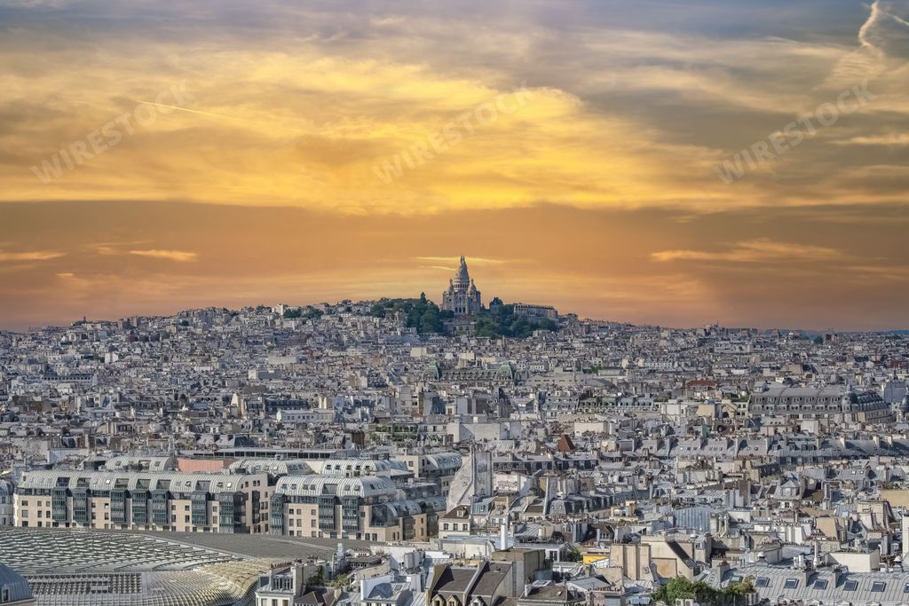 Paris, aerial view of the city, with Montmartre and the Sacre-Choeur basilica in background