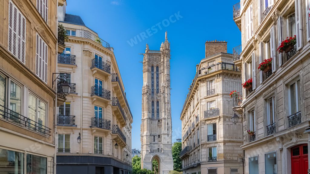 Paris, the Saint-Jacques tower, view from a typical street in the center