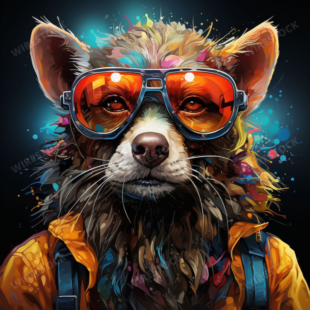 An AI generated illustration of A racoon wearing a stylish pair of sunglasses, a fashionable jacket and a backpack