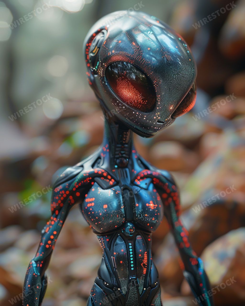 An AI generated illustration of a cute alien figure in futuristic attire with blurred background