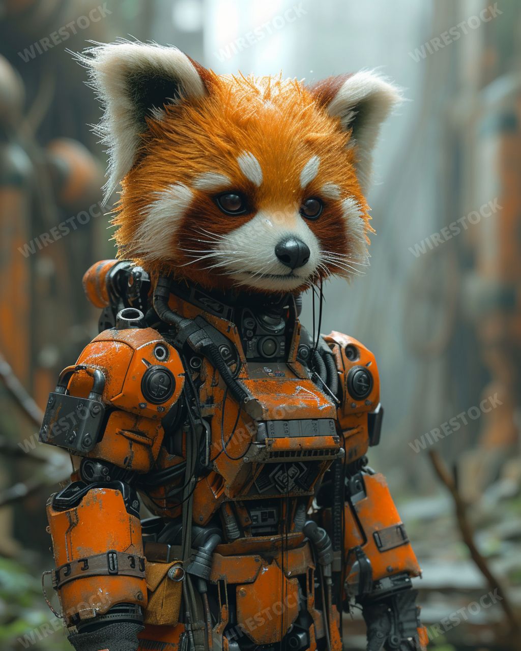An AI generated illustration of a rusty robotic red panda figure