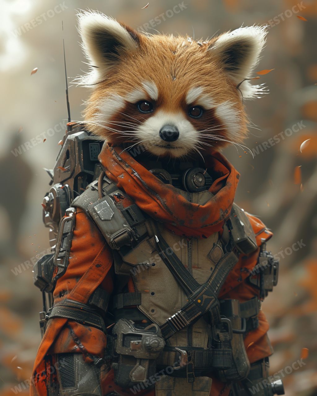 An AI generated illustration of a rusty robotic red panda figure