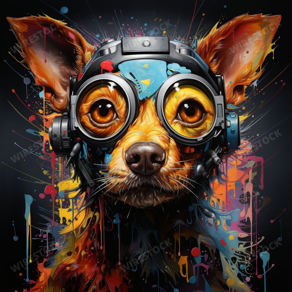 An AI generated illustration of An adorable canine wearing headphones and glasses with a vivid paint splatter background