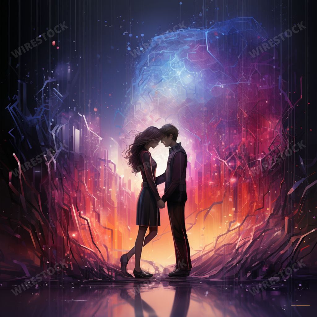 An AI generated illustration of a romantic couple standing against an illuminated night sky