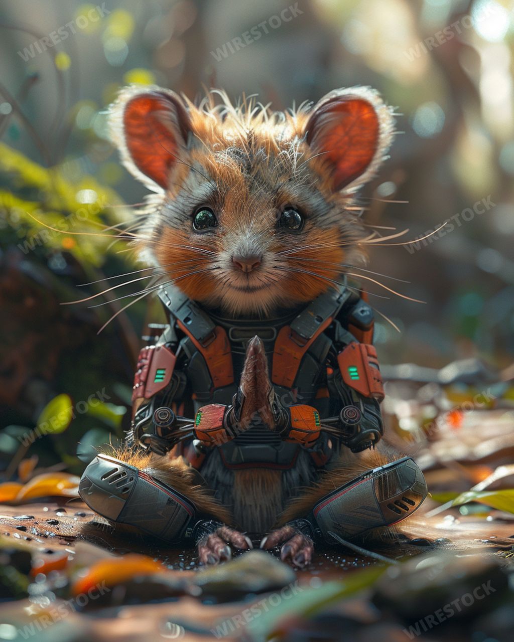 A tiny cyber mouse in tech armor sits in a forest Stock illustration ...