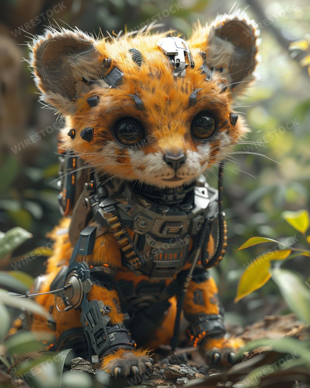 An AI generated illustration of A small cyber pet dressed in mechanical gears costume