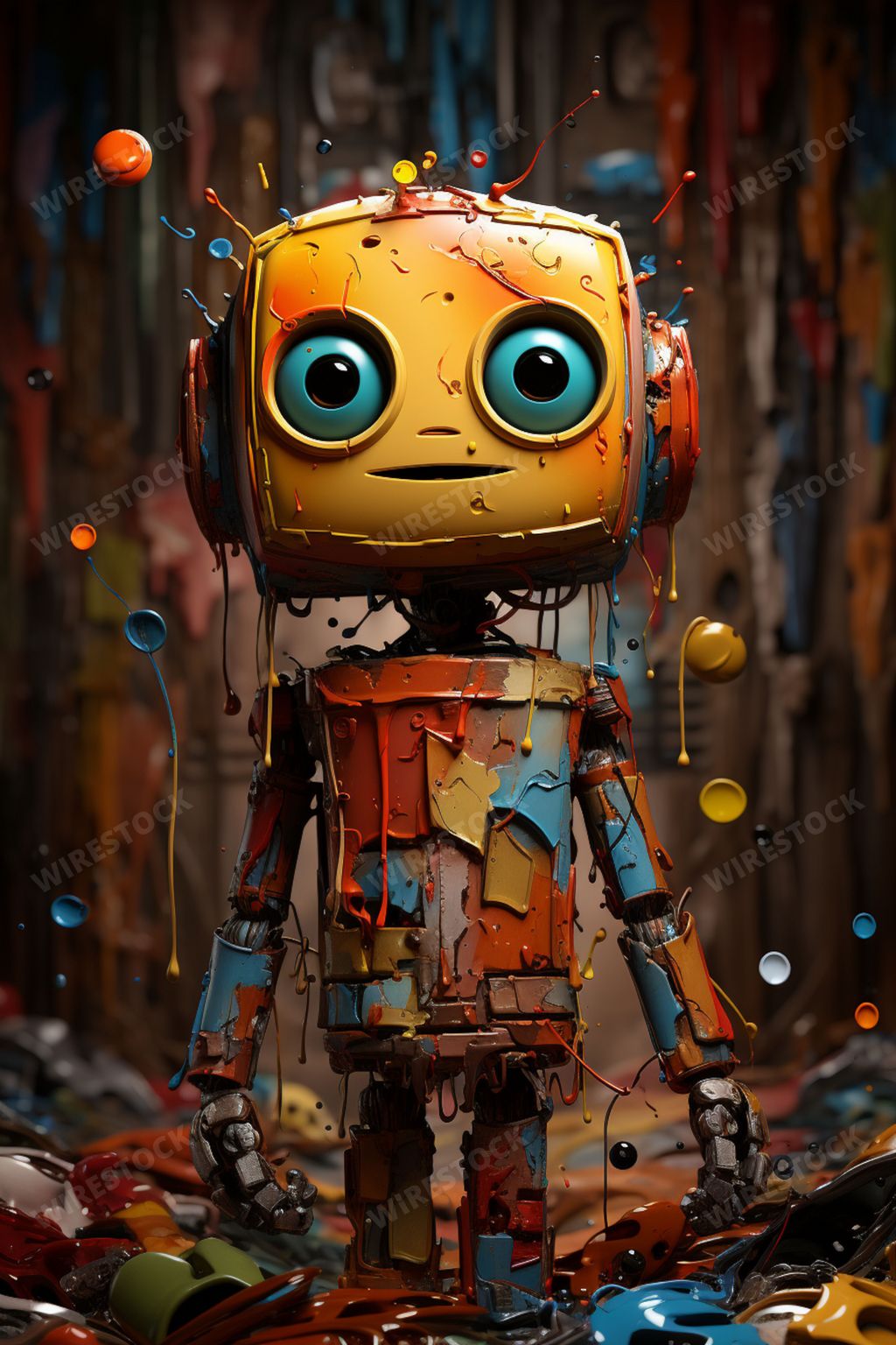 An AI generated illustration of a robot standing on a street corner with multicolored paint splatters