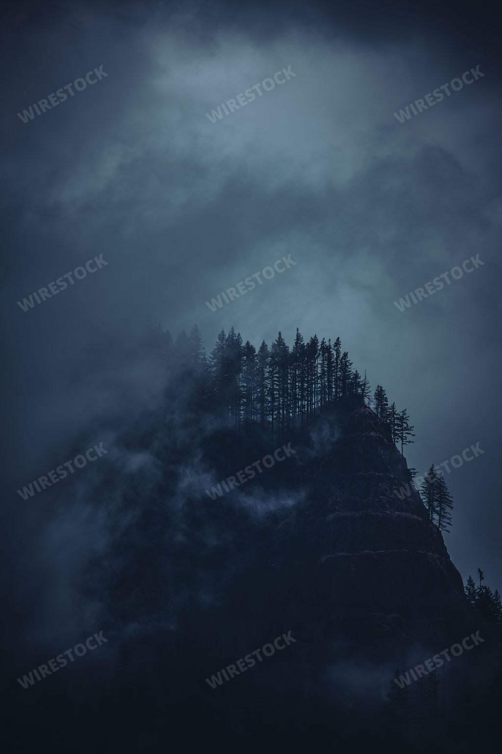 A vertical shot of a ridgeline in the Columbia River Gorge on a moody foggy day in USA