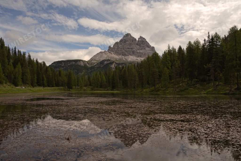 A beautiful reflective lake with trees and cliffs on the shore