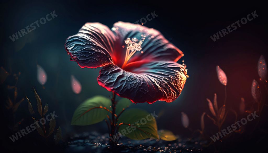 An AI generated illustration of a magical red Hibiscus flower shimmering in the darkness